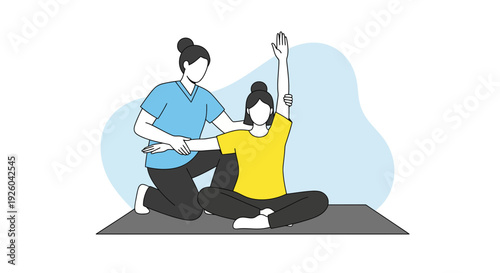 Physical therapist assisting patient with arm stretch.