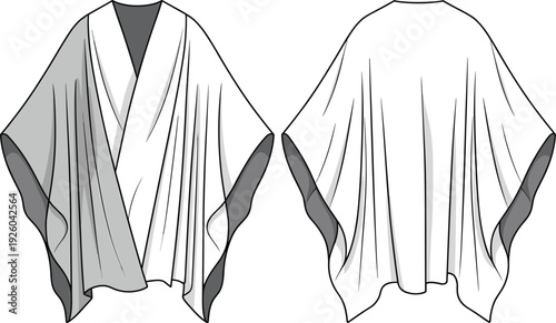 PrintKimono style robe fashion illustration, front and back technical sketch, wide sleeves, draped overlap, contrasting hem, garment design