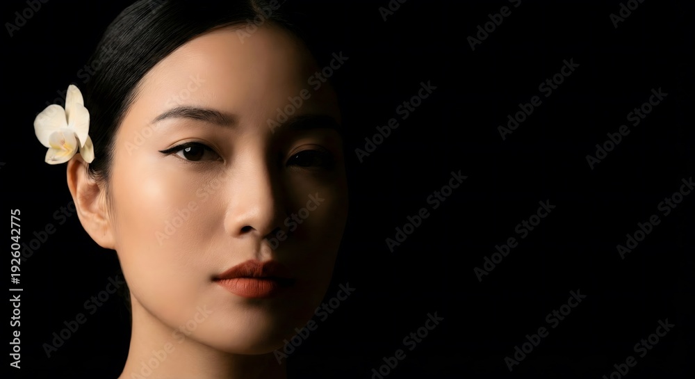Fototapeta premium Cinematic portrait of a beautiful Asian woman in traditional clothing in a moody setting