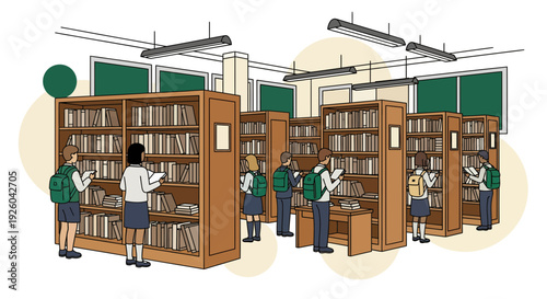Students browsing books in a library setting.