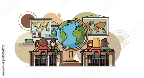 Students Learning Geography with Globe and Maps.