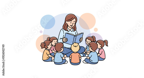Teacher reading a book to young children.