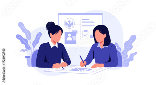 Two women collaborating on paperwork in office.