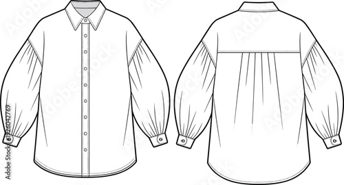 PrintLong sleeve button up shirt flat sketch, bishop sleeve fashion technical drawing, apparel design illustration, front back view garment template
