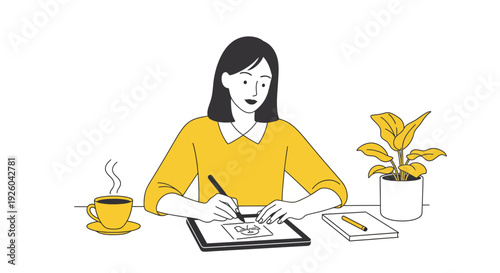 Woman Drawing on Digital Tablet with Coffee and Plant.
