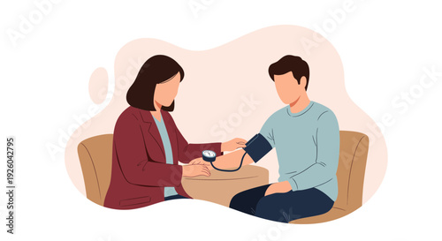 Woman Measuring Man Blood Pressure Using Sphygmomanometer.