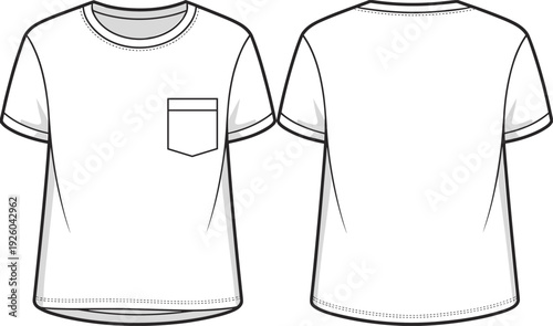 PrintPlain short sleeve t shirt fashion illustration, front and back technical sketch, round neckline, chest pocket, stitching detail