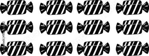 Twelve Black and White Minimalist Wrapped Candy Icons Set in a Grid Layout for Sweet Shop Branding, Halloween Treats Graphics, and Party Decoration Patterns.