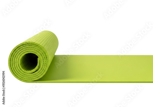 Bright lime-colored yoga mat partially unrolled on a smooth mat surface isolated on a transparent background