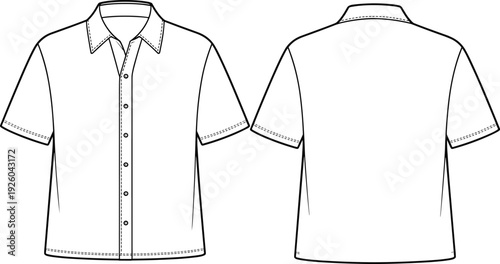 PrintShort sleeve button up shirt flat sketch, fashion technical drawing, apparel design illustration, front back view garment template