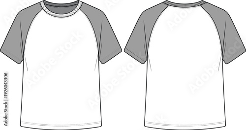 PrintShort sleeve raglan t shirt flat sketch, fashion technical drawing, apparel design illustration, front back view garment template, contrast sleeve