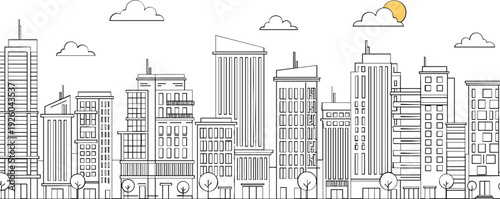 City skyline line art vector illustration with modern urban buildings, downtown architecture panorama and minimal outline cityscape isolated on white for business, real estate and web design