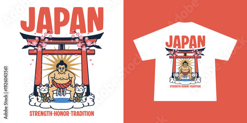 Japanese heritage vector illustration featuring a traditional sumo character, folklore elements, and oriental style artwork. Clean line art design with vintage cultural vibe, perfect for t-shirt	