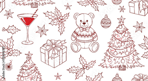 Christmas holiday hand drawn vector illustration set with teddy bear, gift boxes, decorated tree, holly leaves, stars and festive elements in vintage sketch style