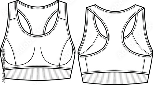 PrintSports bra flat sketch, fashion technical drawing, apparel design illustration, front back view garment template, racerback scoop neckline support