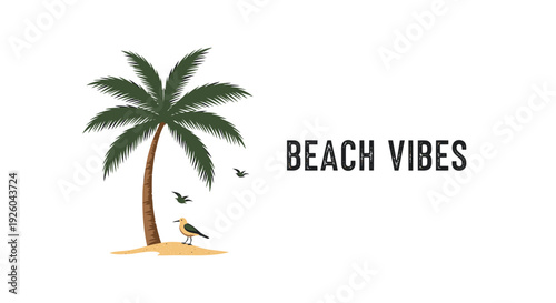 Beach vibes icon set. Includes palm tree, beach, bird. Created in flat style with colorful palette.