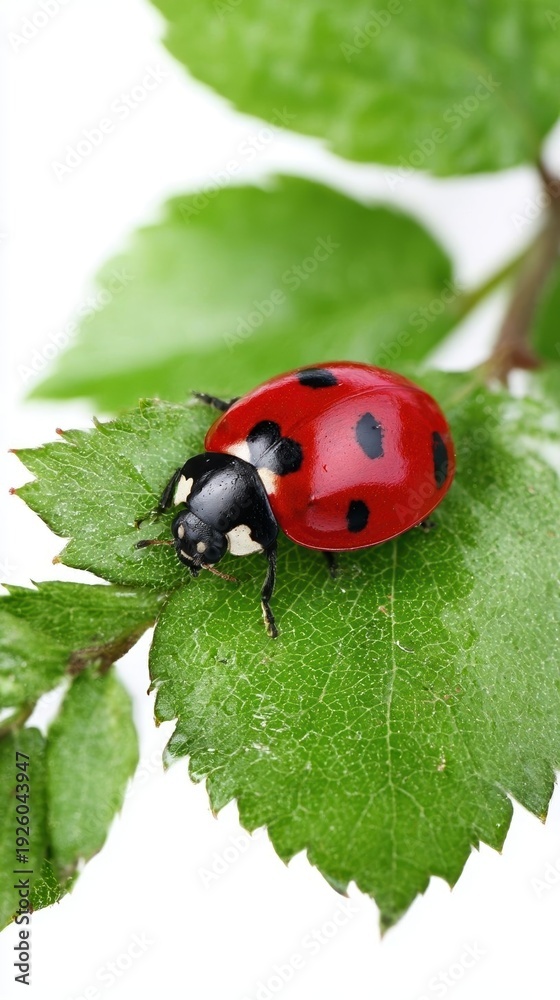 Obraz premium Bright ladybug resting on a green leaf.
