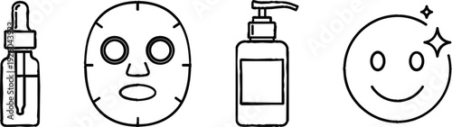 Skincare routine line icon set with serum dropper, facial mask, cosmetic pump bottle and glowing face, minimal beauty outline illustration isolated on white