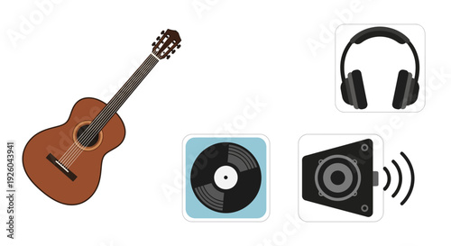 A guitar, headphones, vinyl record, and speaker icons arranged together on a clean white background, symbolizing music and audio equipment.