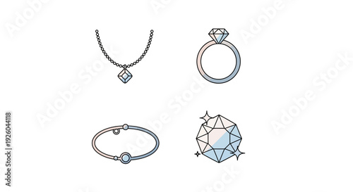 Illustration of various jewelry pieces including a necklace, ring, bracelet, and pendant, showcasing different gemstones and metalwork designs