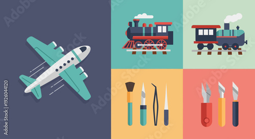 Assorted transportation and crafting tools displayed in a vibrant collage of icons