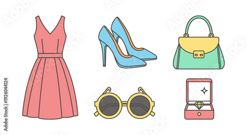 Collection of fashionable women's accessories and clothing displayed on a clean white background from a straightforward viewpoint