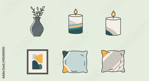 A serene home interior scene featuring candles, cushions, and a vase with flowers from a front viewpoint.