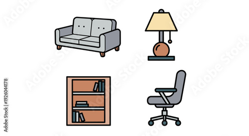 A modern living room setup featuring a sofa, lamp, bookshelf, and office chair in a minimalist environment from a front viewpoint.