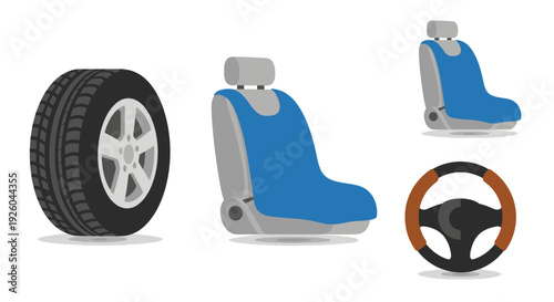 Car parts including a tire, driver's seat, and steering wheel are illustrated on a white background from a straightforward viewpoint.