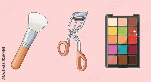 Assorted makeup tools and colorful eyeshadow palette arranged neatly on a pastel background from a top-down viewpoint