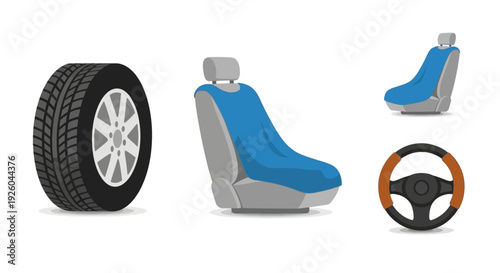 Vehicle components including a tire, car seat, and steering wheel displayed together