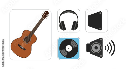 A collection of music-related icons, including a guitar, headphones, speaker, vinyl record, and camera, symbolizing music and media, surrounded by simple white space.