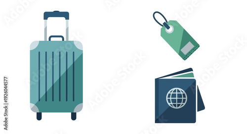 Travel preparation illustration featuring a suitcase, passport, and tag on a clean background from a straightforward viewpoint.