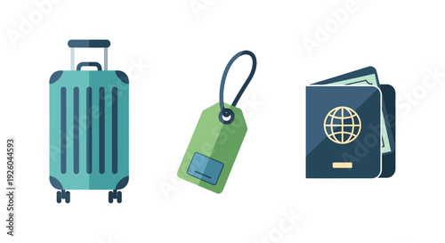 Travel preparation illustration featuring luggage, passport, and travel tag on a clean background from a straightforward viewpoint.