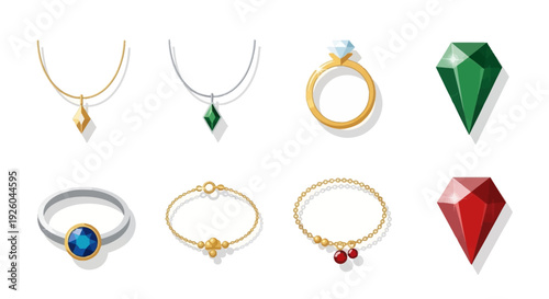 Collection of jewelry items including necklaces, rings, and gemstones displayed on a clean background from a straightforward viewpoint