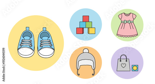 Children's clothing and accessories assortment illustration featuring shoes dress blocks hat and bag