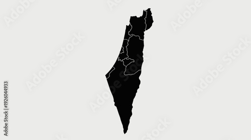 Israel and Palestine Map Outline with Administrative Borders - Black Silhouette