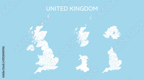United Kingdom Vector Map with Administrative Divisions: England, Scotland, Wales, Northern Ireland (UK Regions)