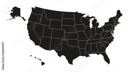 Minimalist Black and White USA Map with State Borders, including Alaska and Hawaii