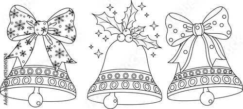Christmas bell line art collection, holiday jingle bells with bows, winter celebration coloring page, festive decoration vector, xmas holly berries,.