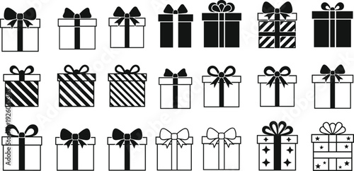 Christmas gift box silhouette set, black and white present icons with ribbons, surprise holiday packages, birthday celebration elements, vector collection.
