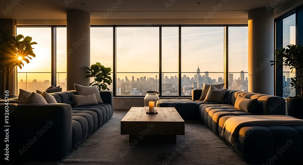 Fototapeta premium Elegant living room with a stunning city skyline view at sunset, featuring modern sofas, a rustic wooden coffee table, and warm golden hour lighting. Perfect for urban luxury.