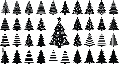 Christmas tree silhouette set with patterns, decorative holiday pine icons with stars, winter forest celebration elements, xmas spruce vector collection.