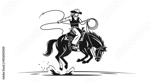 Cowboy Riding a Bucking Horse with Lasso.