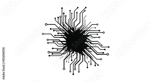 Stylized technological network design with a central energy burst, representing complex data flow, digital intelligence, and modern connectivity in a dynamic way