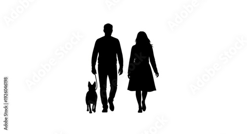 Couple Walking Dog Together Silhouette.