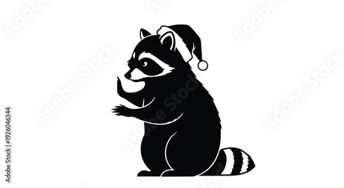 Festive Raccoon Character Icon with Santa Hat Silhouette. Adorable Winter Wildlife Illustration for Holiday Season Designs, Christmas Cards, and Seasonal Graphics