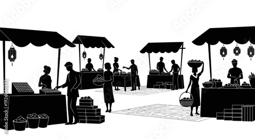 Black and white silhouette illustration of a bustling outdoor market with vendors selling fresh produce and goods to customers.