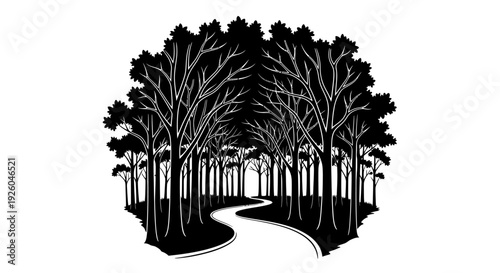 Winding path leading into a dense forest with tall trees, black and white graphic illustration of a natural woodland landscape