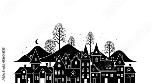 Charming monochrome village illustration at night with various houses, bare trees, and hills under a crescent moon. Stylized townscape.